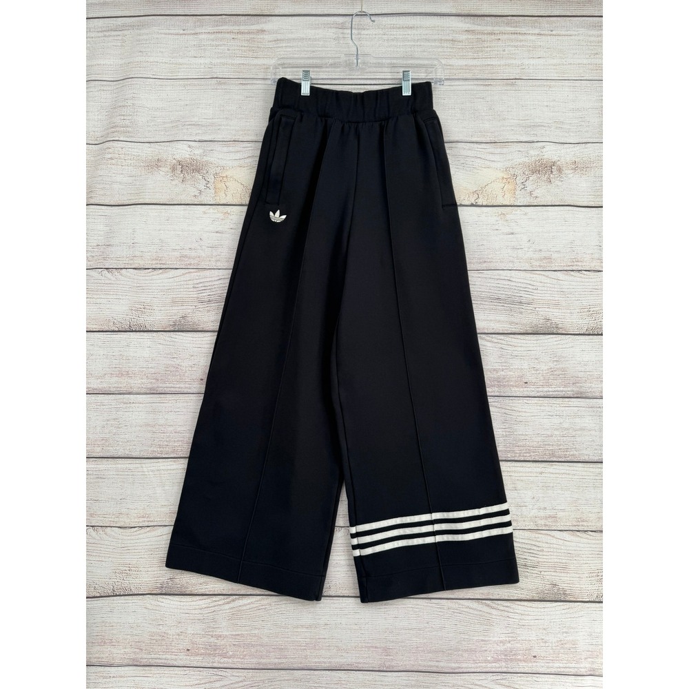 Adidas Originals Track Pants Womens Small Black Wide Leg High Rise 3-Stripe